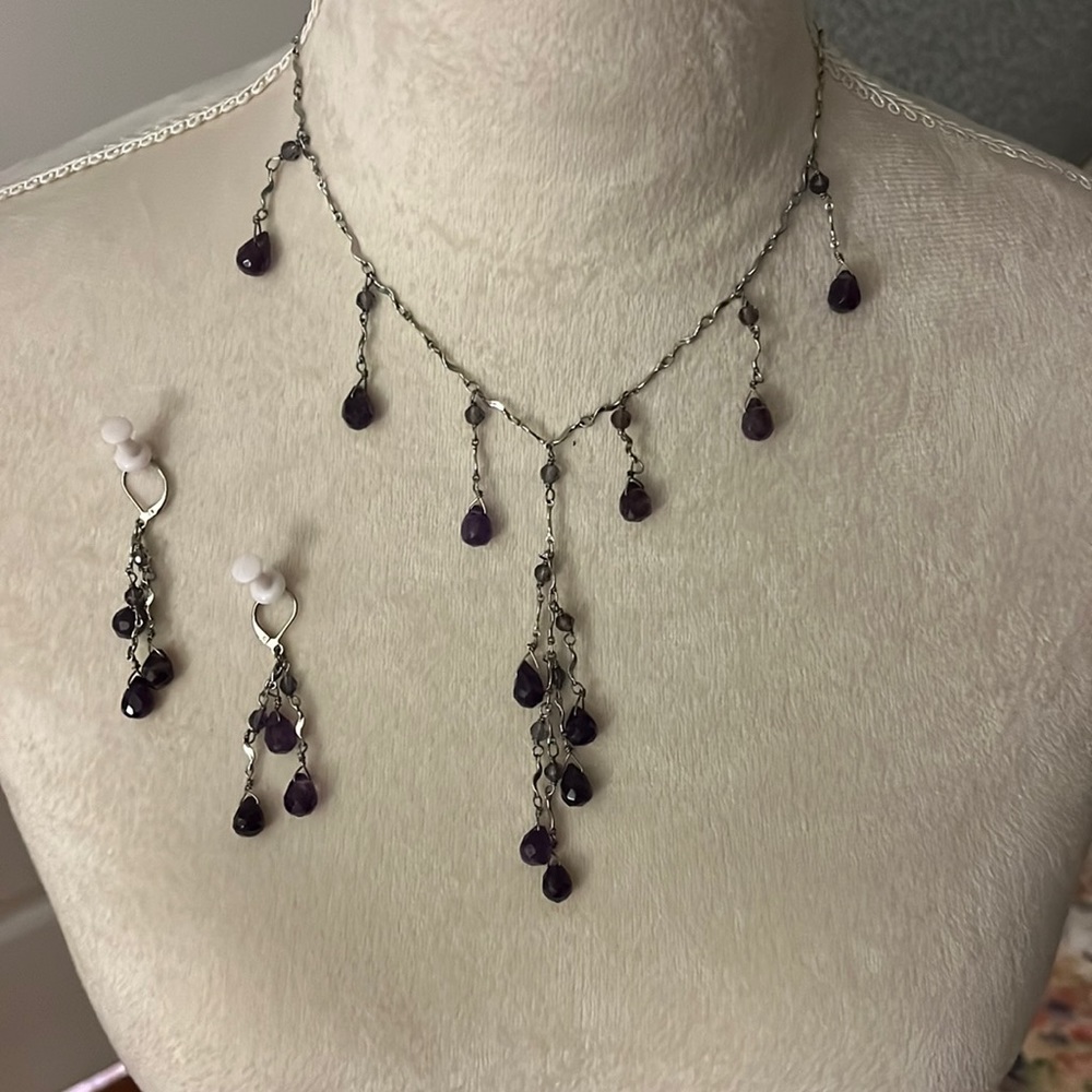 Purple crystal chandelier necklace and earrings